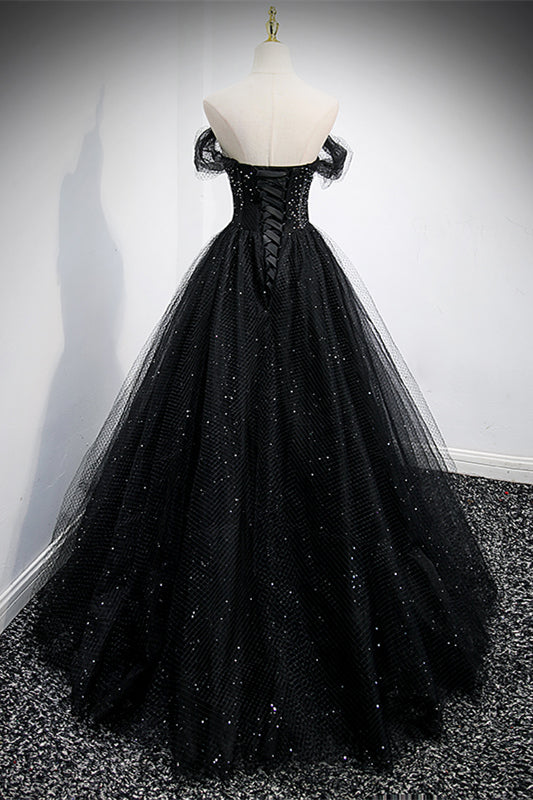 Sparkly Tulle A-Line Off-Shoulder Black Prom Party Dress