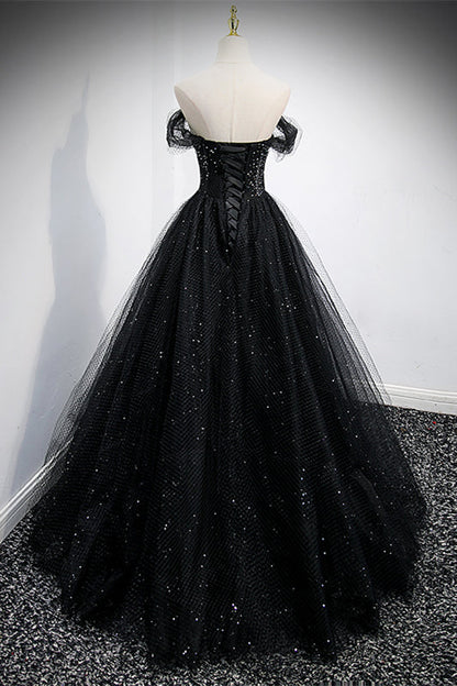 Sparkly Tulle A-Line Off-Shoulder Black Prom Party Dress