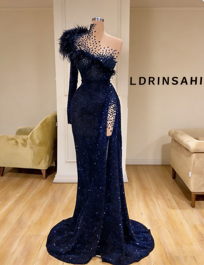 Black Evening Dresses High Neck Side Split Long Sleeve Mermaid Prom Dress Feather Beaded Sexy Special Occasion Gowns M5451