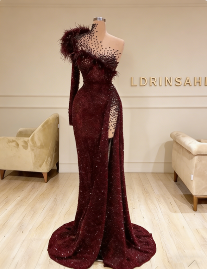 Black Evening Dresses High Neck Side Split Long Sleeve Mermaid Prom Dress Feather Beaded Sexy Special Occasion Gowns M5451