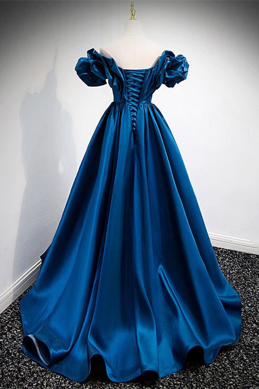 Satin A-Line Ruffle Off-Shoulder Empire Party Prom Dress