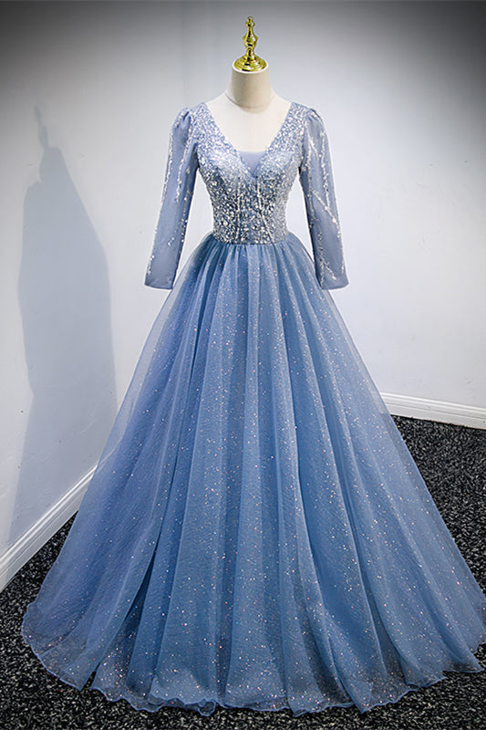 Sparkly Tulle A-Line 3/4 Sleeves Empire Long Party Prom Dress