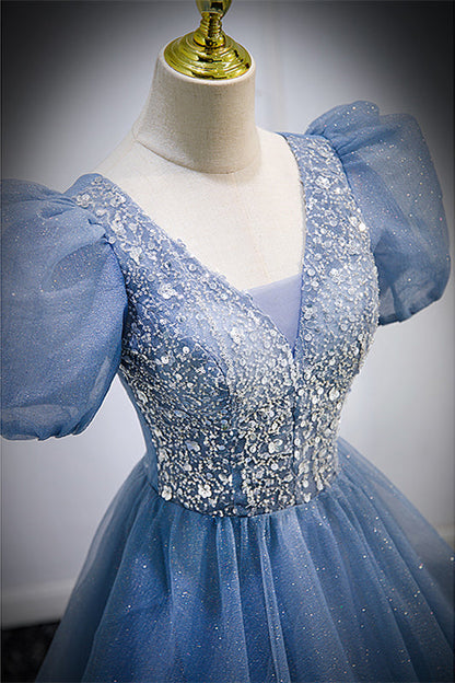 V-Neck Short Sleeves Tulle A-Line Beaded Sparkly Prom Dress