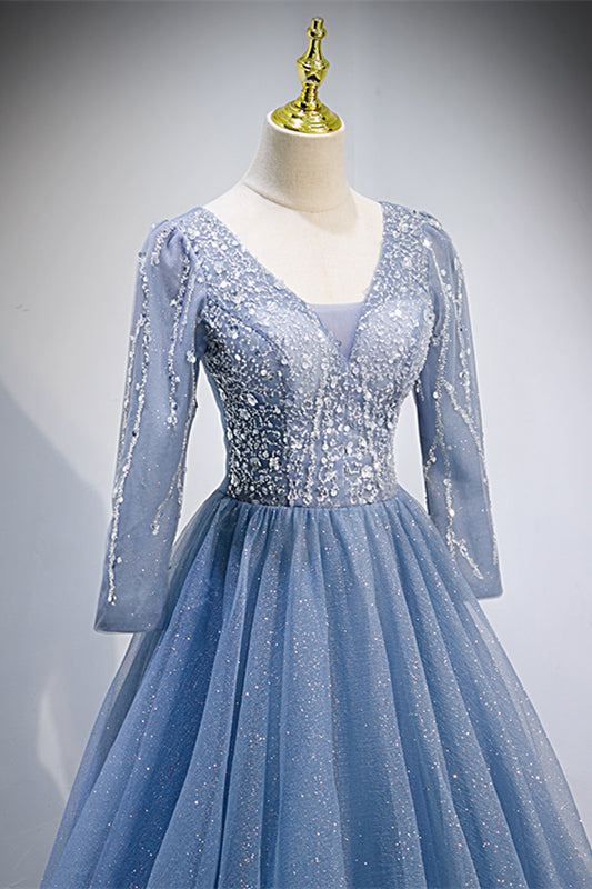 Sparkly Tulle A-Line 3/4 Sleeves Empire Long Party Prom Dress