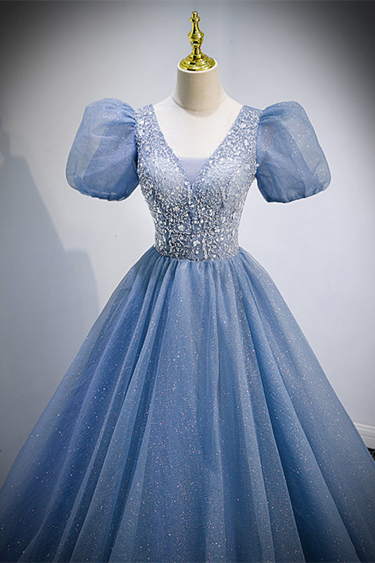 V-Neck Short Sleeves Tulle A-Line Beaded Sparkly Prom Dress