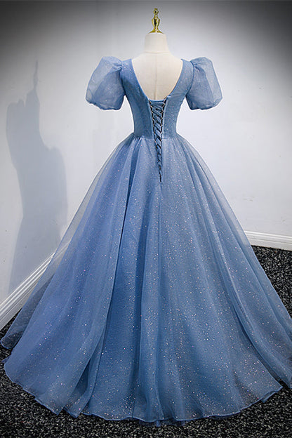 V-Neck Short Sleeves Tulle A-Line Beaded Sparkly Prom Dress