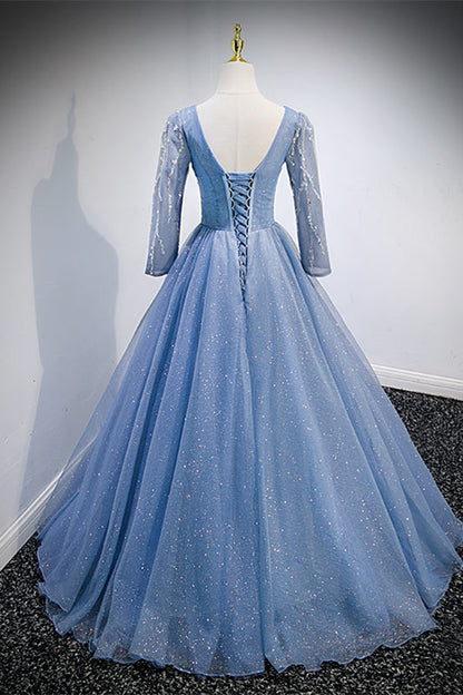 Sparkly Tulle A-Line 3/4 Sleeves Empire Long Party Prom Dress