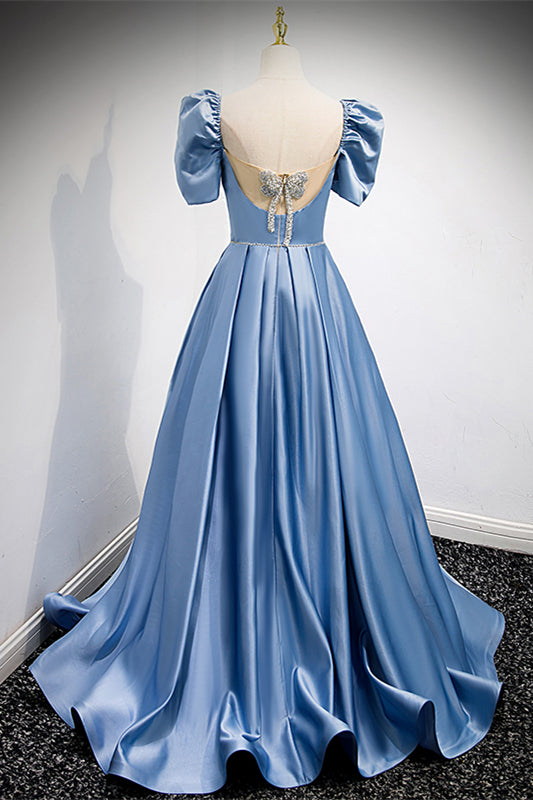 Short Sleeves Open Back Satin A-Line Party Prom Dress