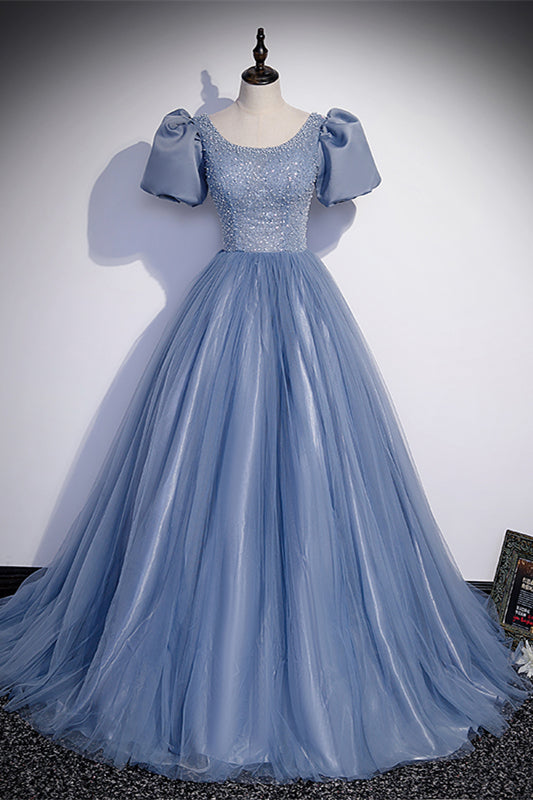 Beaded Scoop Short Sleeves A-Line Tulle And Sequin Prom Dress