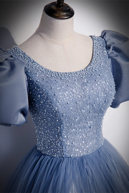 Beaded Scoop Short Sleeves A-Line Tulle And Sequin Prom Dress