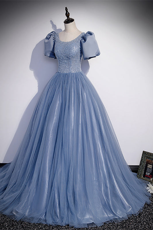 Beaded Scoop Short Sleeves A-Line Tulle And Sequin Prom Dress