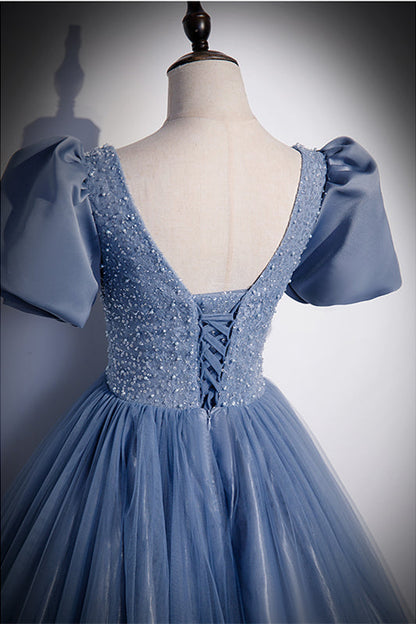 Beaded Scoop Short Sleeves A-Line Tulle And Sequin Prom Dress