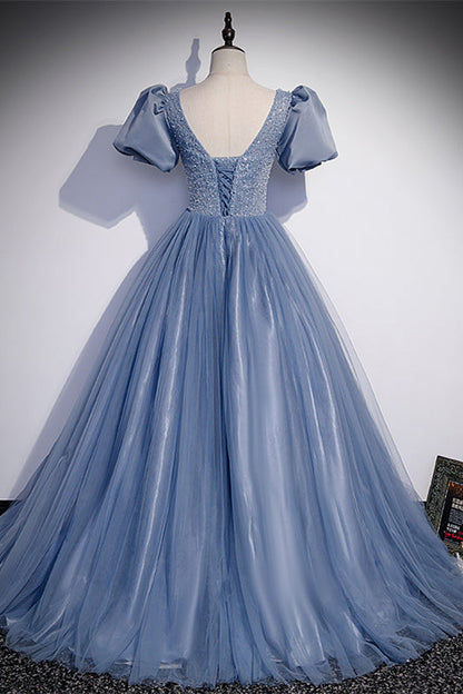Beaded Scoop Short Sleeves A-Line Tulle And Sequin Prom Dress