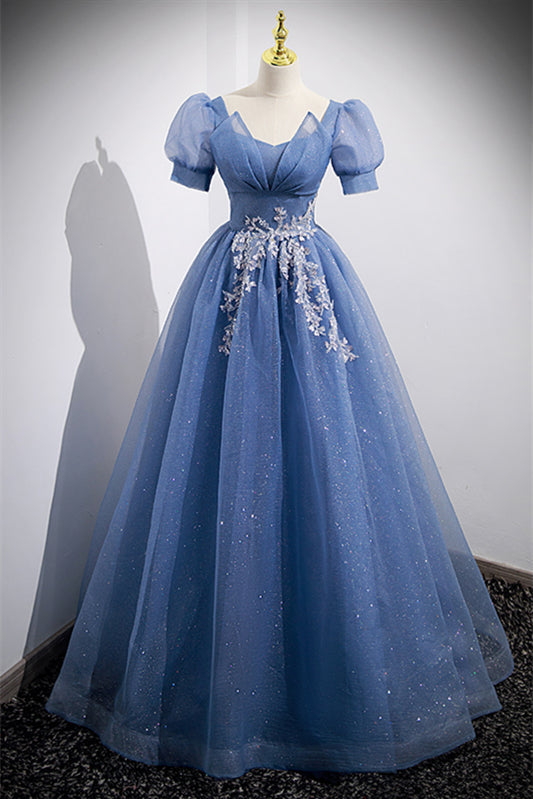 Glitter Tulle A-Line Empire Appliques Short Sleeves Party Prom Dress