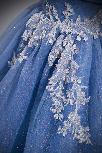 Glitter Tulle A-Line Empire Appliques Short Sleeves Party Prom Dress
