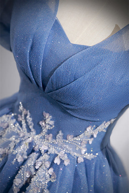 Glitter Tulle A-Line Empire Appliques Short Sleeves Party Prom Dress