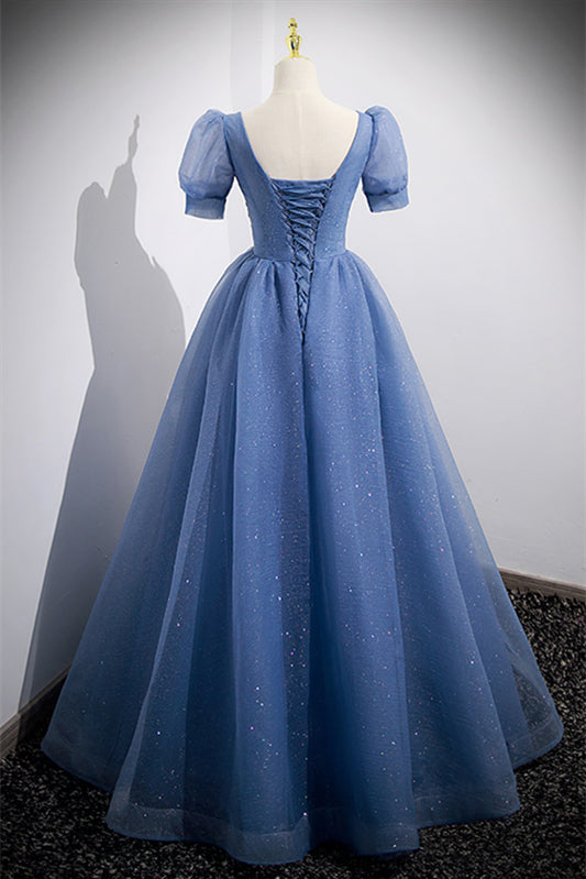 Glitter Tulle A-Line Empire Appliques Short Sleeves Party Prom Dress