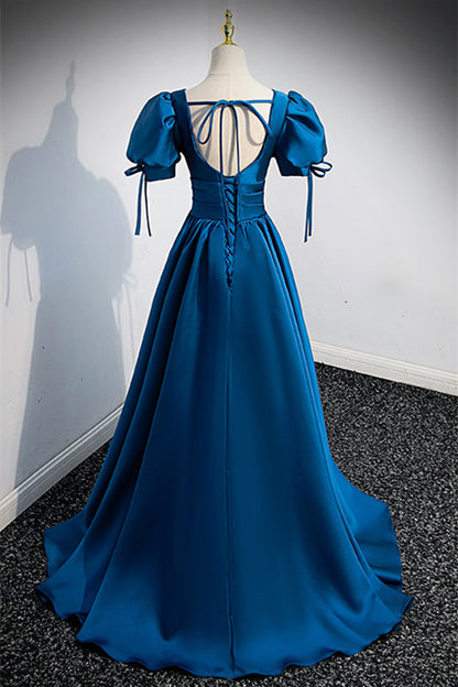 Simple Low V-Neck Short Sleeves Satin A-Line Party Prom Dress