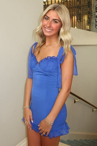 Blue Sweetheart Bow Straps Fitted Ruffle Homecoming Dress