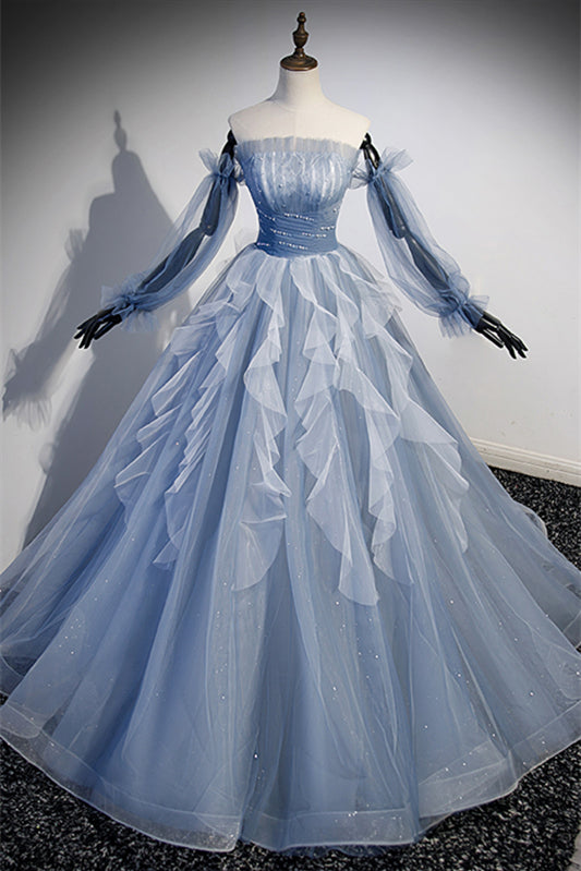Long Sleeves Tulle A-Line Ruffle Long Party Prom Dress