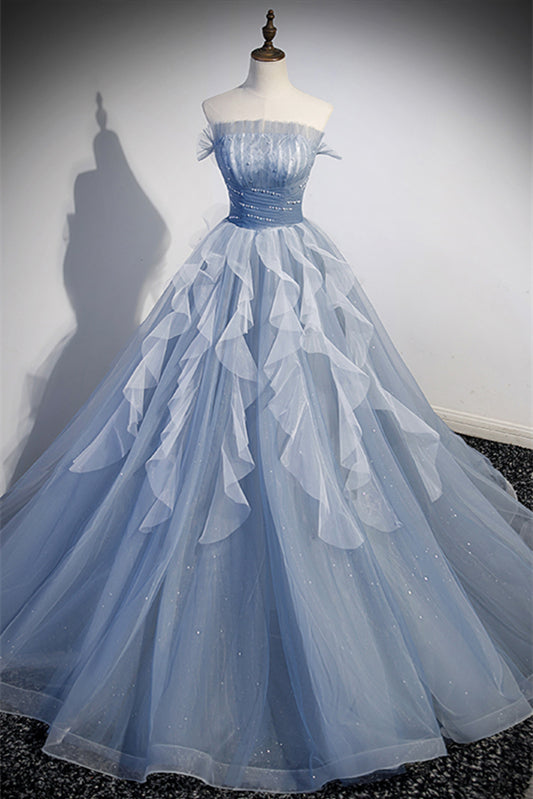 Long Sleeves Tulle A-Line Ruffle Long Party Prom Dress