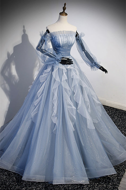 Long Sleeves Tulle A-Line Ruffle Long Party Prom Dress