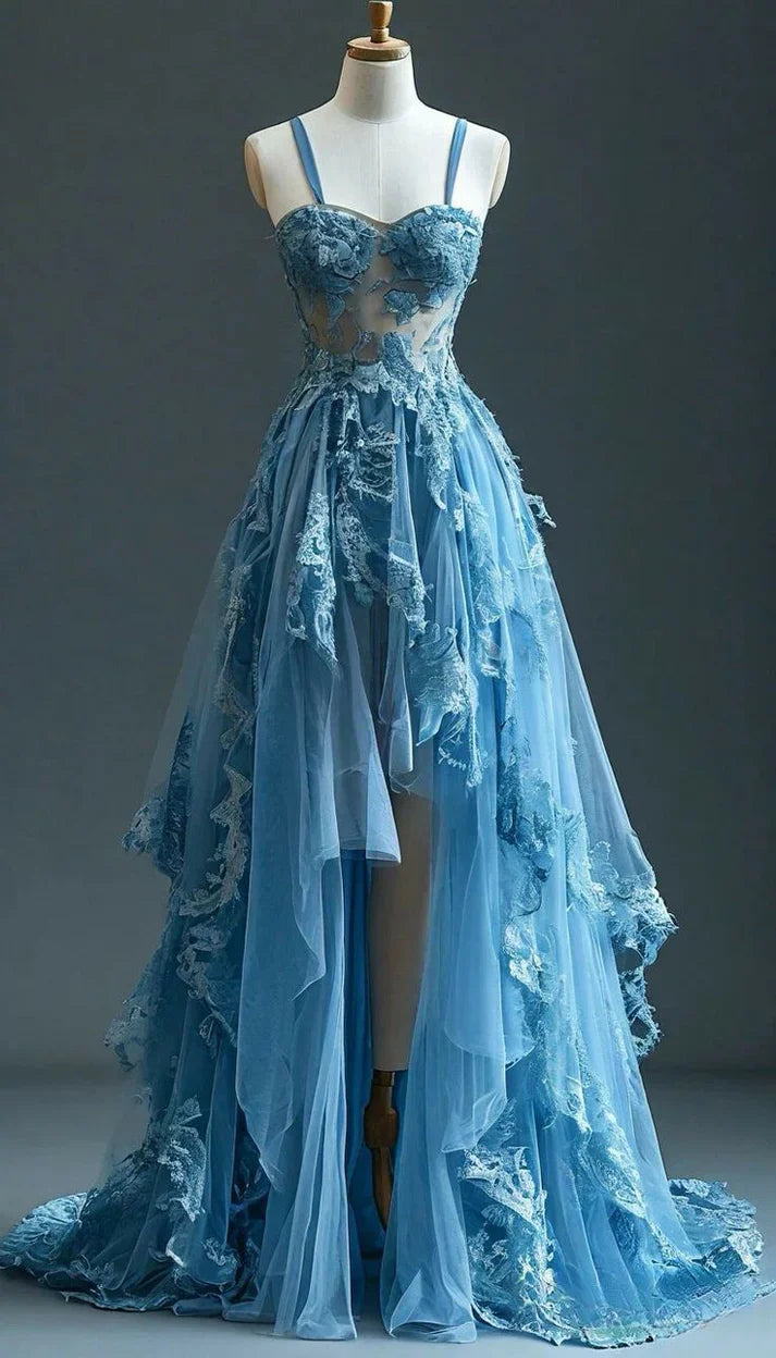 Pretty Blue Appliques A Line Spaghetti Strap Tulle Prom Dress Evening Dress with Slit SH3573