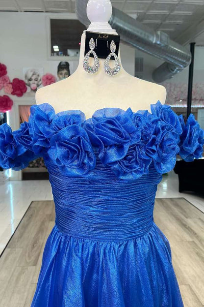 Fuchsia Off the Shoulder 3D Floral A-Line Long Prom Dress