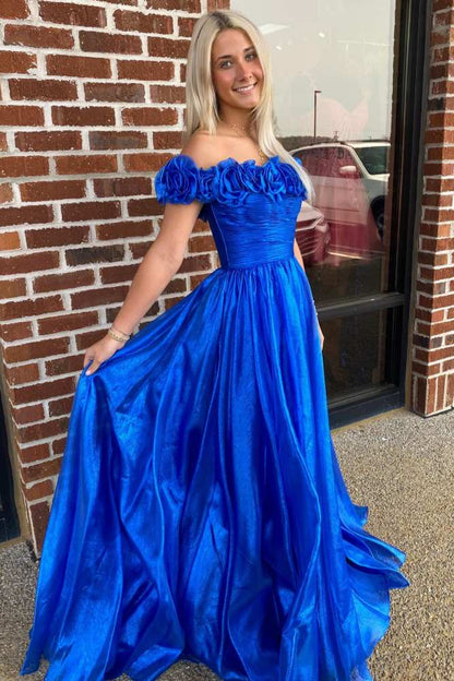 Fuchsia Off the Shoulder 3D Floral A-Line Long Prom Dress