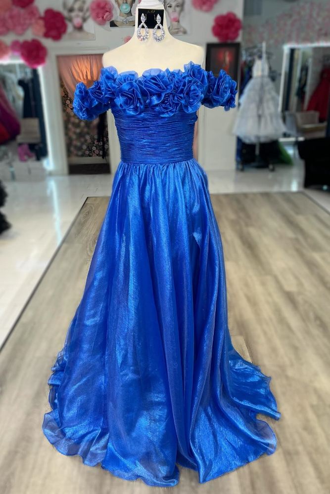 Fuchsia Off the Shoulder 3D Floral A-Line Long Prom Dress