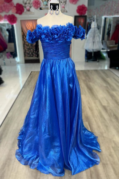 Fuchsia Off the Shoulder 3D Floral A-Line Long Prom Dress