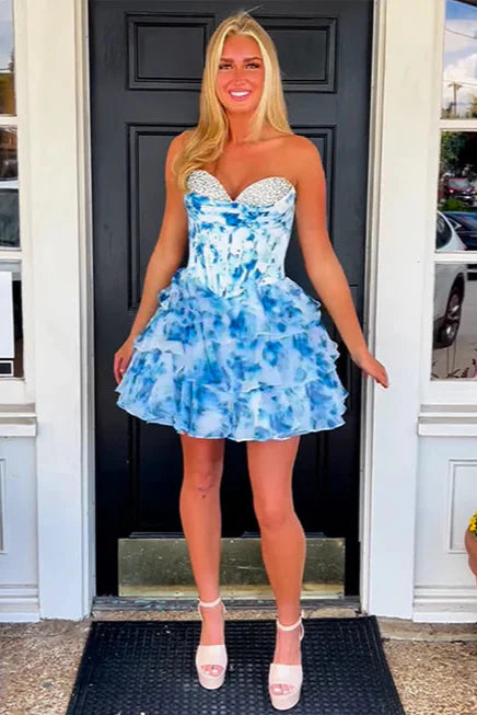 Tiered A-Line Empire Sweetheart Sleeveless Short Homecoming Dress