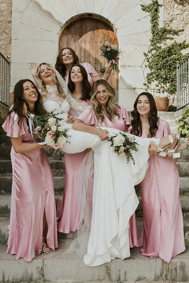 Blush Pink V-Neck Short Sleeves Long Bridesmaid Dress