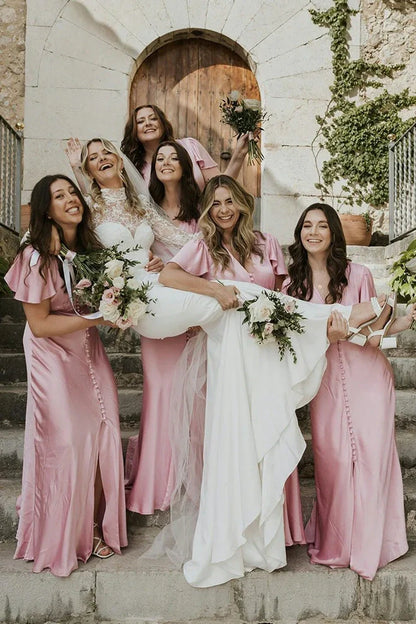 Blush Pink V-Neck Short Sleeves Long Bridesmaid Dress