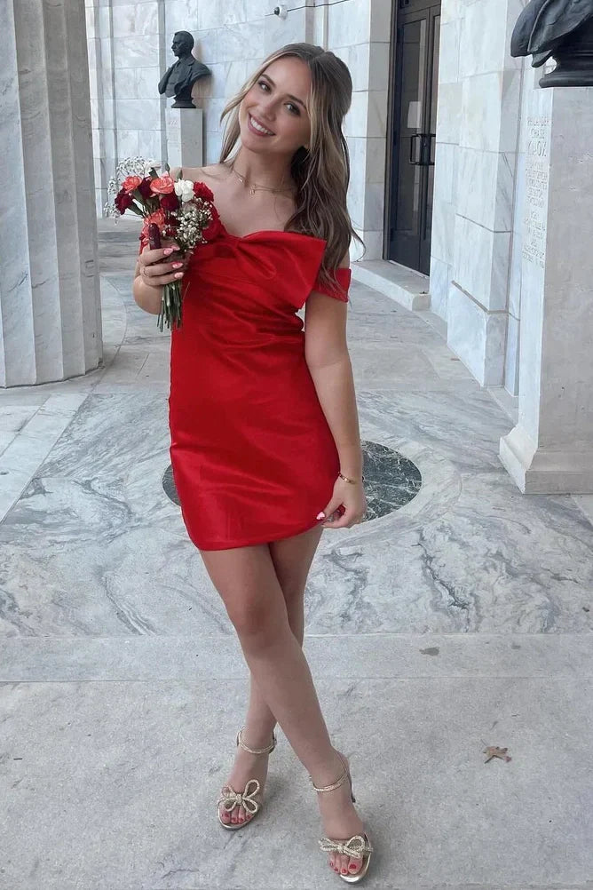 Bow Off-Shoulder Sleeveless Satin Short Homecoming Dress