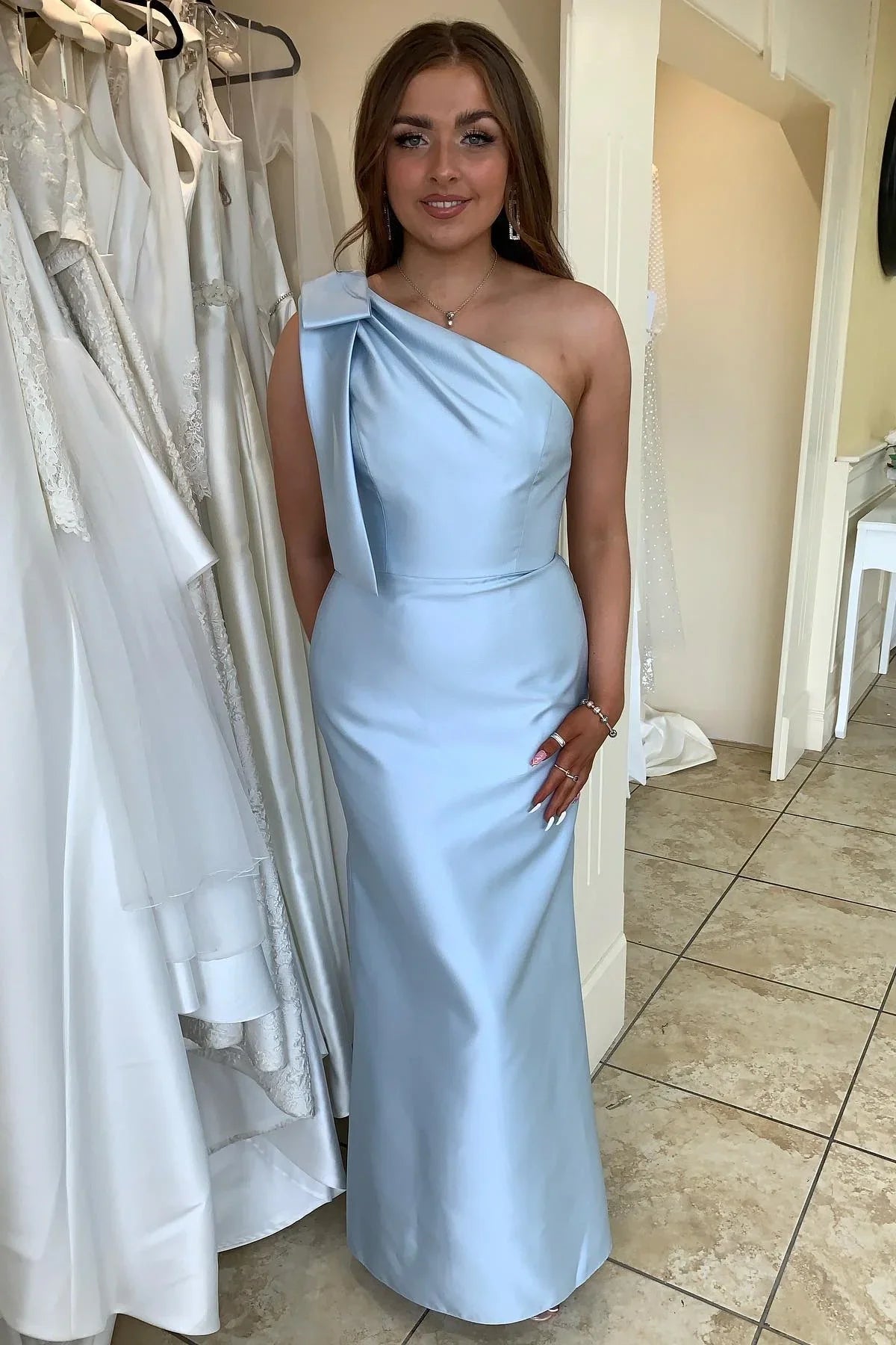 Bow One Shoulder Empire Long Bridesmaid Dress