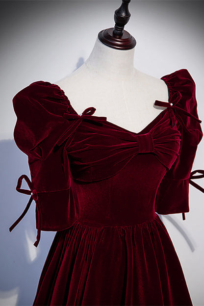 V-Neck Sleeves Velvet A-Line Empire Burgundy Prom Dress