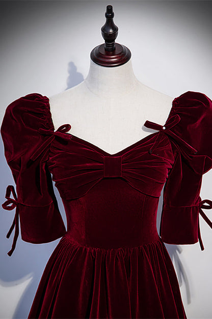 V-Neck Sleeves Velvet A-Line Empire Burgundy Prom Dress