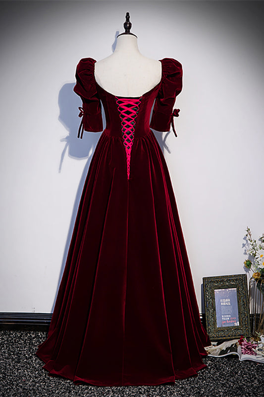 V-Neck Sleeves Velvet A-Line Empire Burgundy Prom Dress