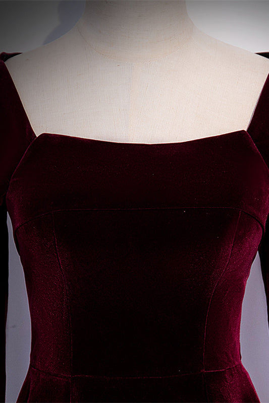 Burgundy Square Neck Long Sleeves Velvet Long Formal Dress
