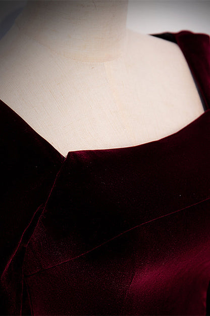 Burgundy Square Neck Long Sleeves Velvet Long Formal Dress