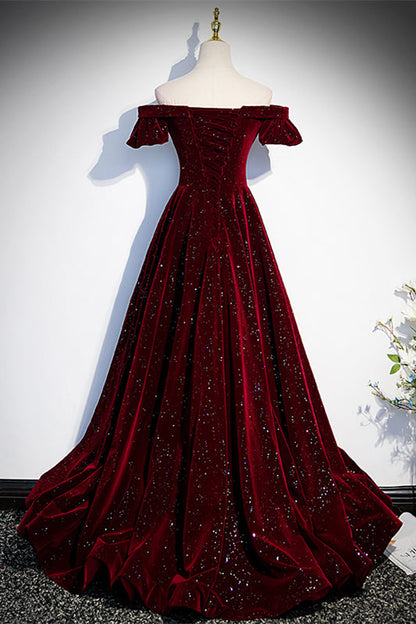 Off-Shoulder A-Line Empire Velvet Beaded Prom Party Dress