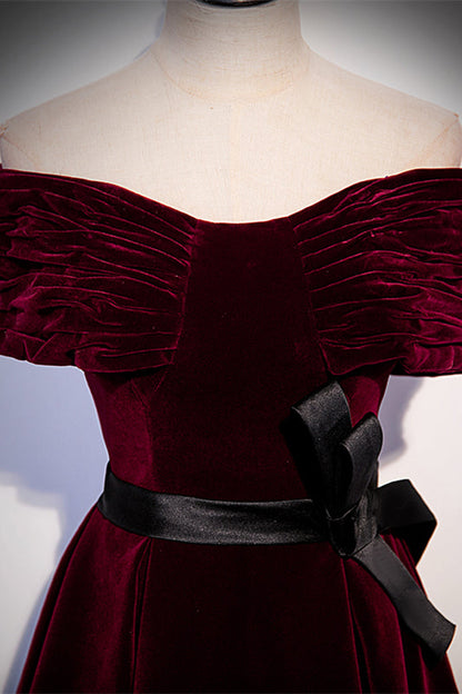 Velvet Burgundy A-Line Off-Shoulder Formal Prom Dress