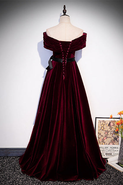 Velvet Burgundy A-Line Off-Shoulder Formal Prom Dress