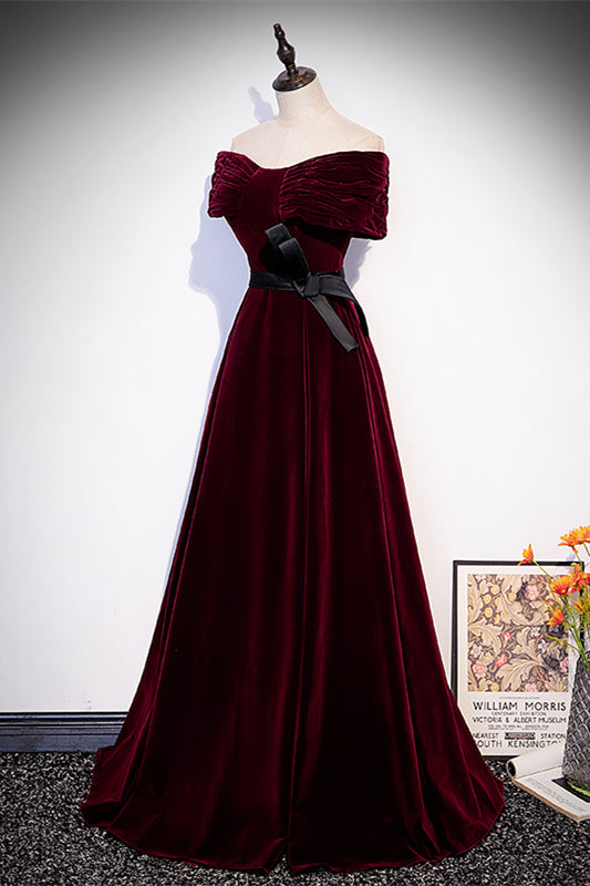 Velvet Burgundy A-Line Off-Shoulder Formal Prom Dress