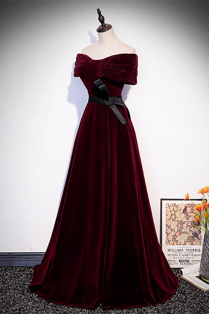 Velvet Burgundy A-Line Off-Shoulder Formal Prom Dress