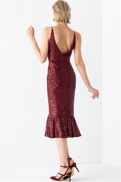 Sparkly V-Neck Spaghetti Straps Midi Sequin Party Prom Dress