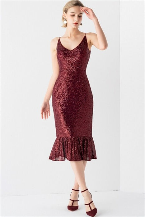 Sparkly V-Neck Spaghetti Straps Midi Sequin Party Prom Dress