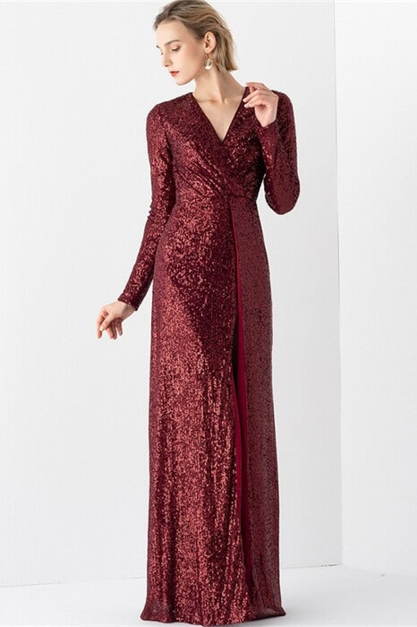 Sparkly V-Neck Long Sleeves Fully Sequin Party Prom Dress