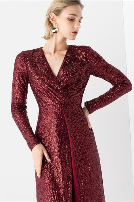 Sparkly V-Neck Long Sleeves Fully Sequin Party Prom Dress